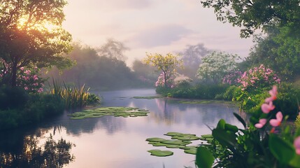 Tranquil lake surrounded by a park, with mist rising from the water and sunlight glistening on the surface.