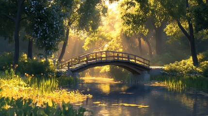Quiet park bridge crossing a small stream, with golden sunlight reflecting off the water and illuminating the surrounding trees.