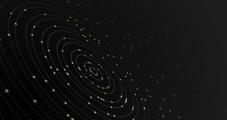 4k Elegant luxury abstract dark black background with golden dots. Night city from a bird's eye view. Orbital circles Light HUD sparkle illustration. Round 3d stripes High Technology Galaxy backdrop