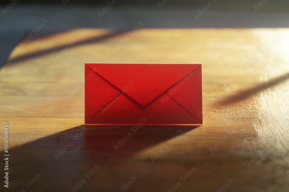 Poster mail notification depicted through a minimal cartoony render of a red envelope on a wooden surface, 