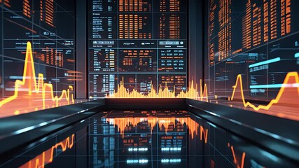 Futuristic financial data room with glowing orange graphs, stock market tickers, digital analytics, and transparent screens in modern environment

 - Powered by Adobe