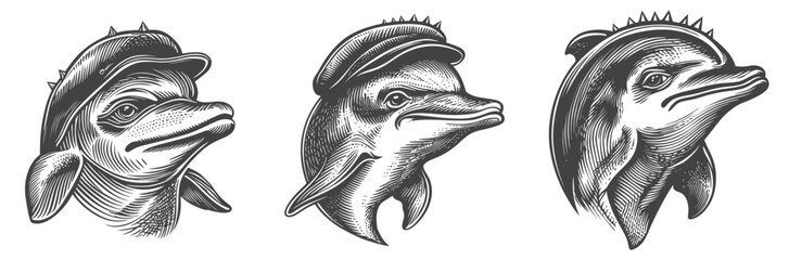 Vintage Woodcut Style Dolphin Illustration with Nautical Hats