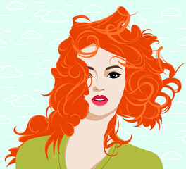 1563_Beautiful redhead woman with long wavy flying hair against blue sky with pattern of clouds