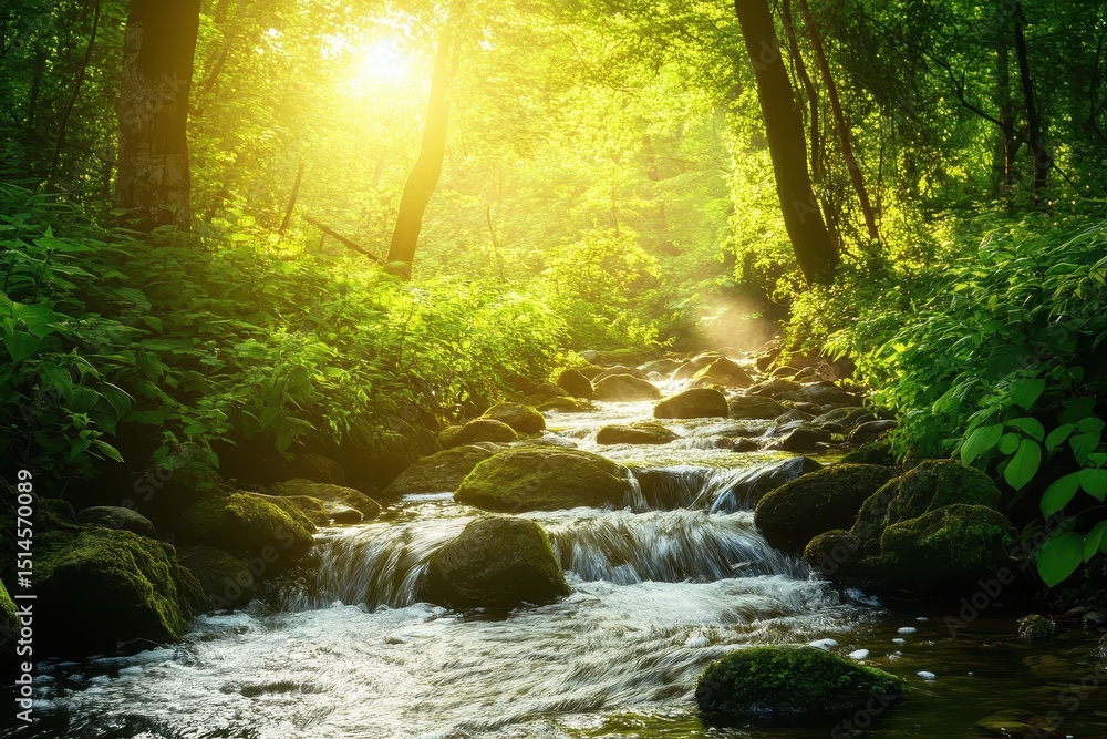 Poster sunlight filters through trees over a serene river stream in a deep forest, river stream in deep for