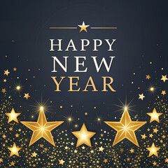 New Year's Celebration: A dazzling and elegant greeting, set against a dark backdrop, with sparkling golden stars and celebratory text, perfect for wishing happiness and joy in the coming year.