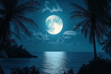 Reflective ocean view under tropical moonlight with palm trees in serene night sky, Tropical Moonlight Photo background Seamless ing time  lapse quality