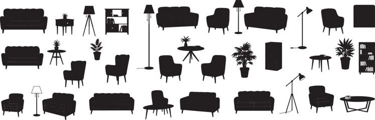 Black silhouette furniture set for living room interior design vector illustration elements