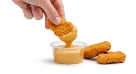 Close-up of a hand dipping a golden, crispy chicken nugget into a small plastic container filled with a creamy yellow sauce, likely cheese or honey mustard.
