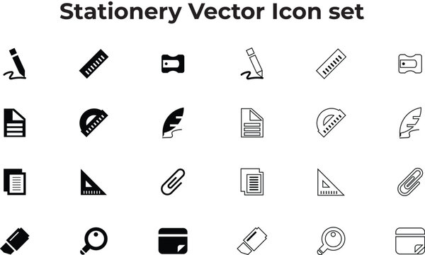 Office stationery vector icon set - Fill and outline style design for stationery and workplace essentials: pencil, page, note, highlighter, ruler, Magnifying glass, joy clip, sticky note, Feather pen