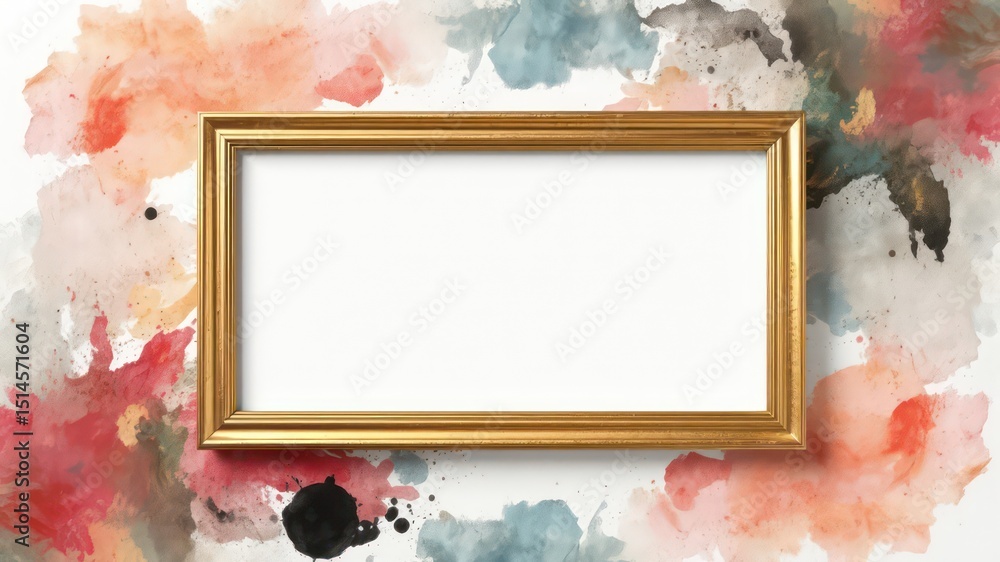 Aufkleber gilded rectangular frame with a blank white center, surrounded by a multicolored watercolor splash e
