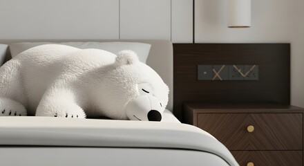 A plush polar bear sleeps soundly on a pristine bed, nestled within a cozy and elegantly designed bedroom, evoking feelings of comfort and tranquility. 