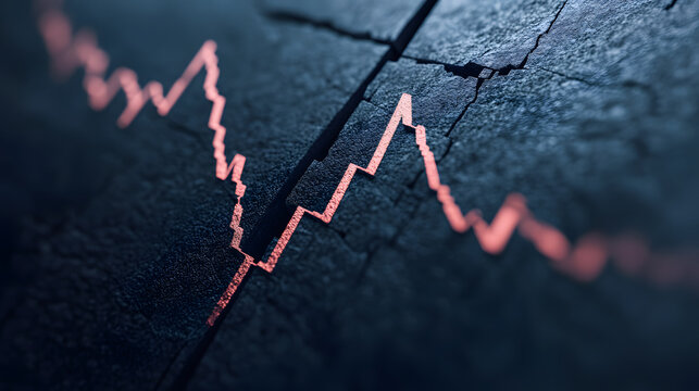 Real value gap illustrated by gap between two rising lines on cracked dark surface showing financial or economic concept with dramatic lighting