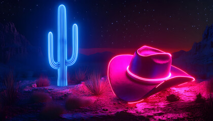 realistic photo of the desert where the cactus are made of neon light and a cowboy hat is made of neon lights