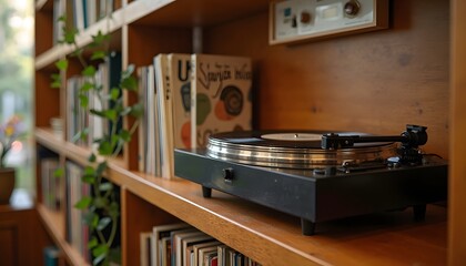 A vintage vinyl record player rests on a wooden shelf, flanked by a curated collection of books and lush green plants, creating a scene that radiates nostalgia.
