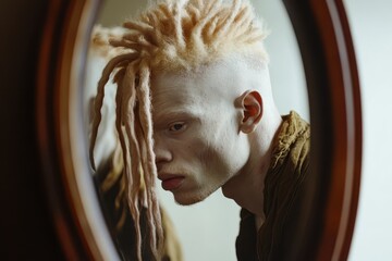 Reflection of an albino man with dreadlock hair in a dimly lit room, Reflection of an albino man with dreadlock hair looking at himself in the mirror Cinematic