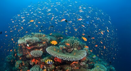 A vibrant underwater scene teeming with life, where a diverse school of fish dances around a colorful coral reef, creating a symphony of nature's artistry in the deep blue sea.