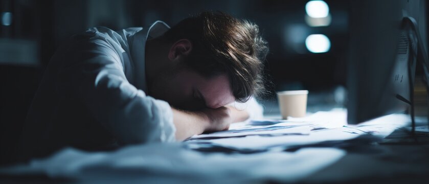 Exhausted Office Worker Head on Desk Surrounded by Paperwork