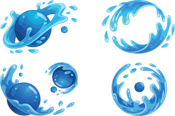 A set of four stylized water splash illustrations in vibrant shades of blue against a pure white background