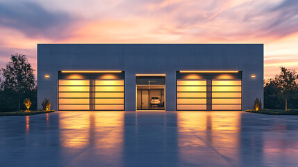 Minimalist garage with an industrial design, featuring exposed steel beams, a polished concrete driveway, and a picturesque sunset in the distance.