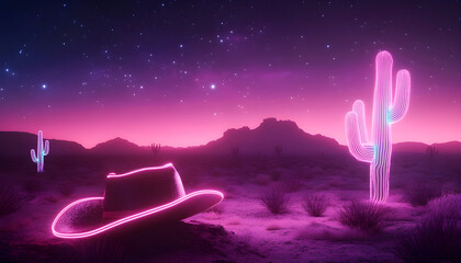 realistic photo of the desert where the cactus are made of neon light and a cowboy hat is made of neon lights