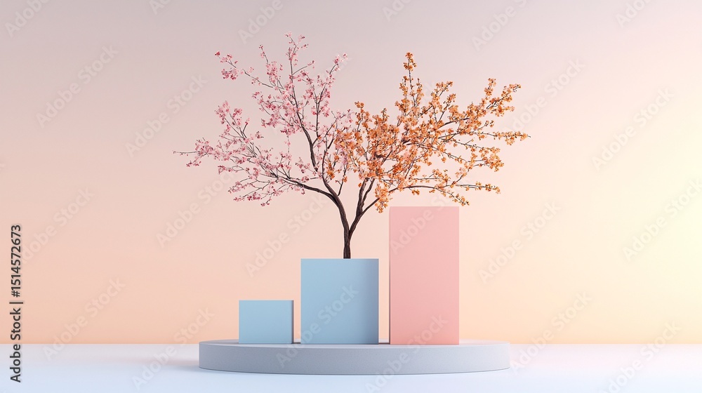 Poster abstract isometric composition with pastel cubes and a colorful tree