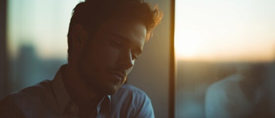 Tired Young Man Standing by Office Window at Sunset Light