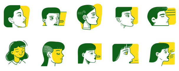 Modern Hand-Drawn Portraits of Diverse Characters in Profile View