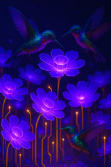 Hummingbirds and Glowing Flowers: A magical scene with colorful birds flying amongst luminous botanical wonders in a vibrant, otherworldly setting.
