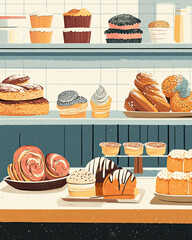 Assorted pastries on a bakery counter illustrated in bold lines with pastel colors and light vintage grain 