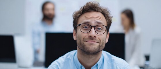 Office Worker Smiling Awkwardly While Computer Shows Errors and Chaos