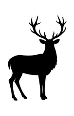 Fototapeta premium Majestic deer with antlers, full-body silhouette, standing in profile, vector illustration in minimalist design, isolated on white background.