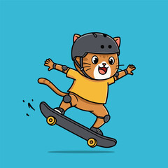 Naklejka premium A cheerful cartoon young cat wearing a helmet and riding a skateboard mid-jump