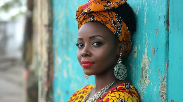 smiling young African woman in colorful African style dress with headwrap at village street