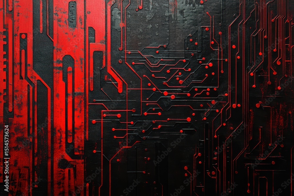 Poster Modern abstract black and red geometric wall texture with circuit design elements, Abstract Modern Black and Red Geometric Wall Texture Circuitboard City Background