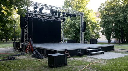 Outdoor stage setup with lighting and sound equipment in park surrounded by green trees, ready for summer event with cables and speakers neatly arranged