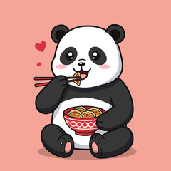 A happy cartoon panda sitting and eating a bowl of ramen gyoza with chopsticks