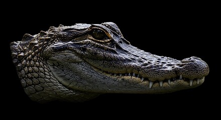 An intense, striking close-up portrait of an American alligator's (Alligator mississippiensis) head, dramatically isolated against a pure black background. 