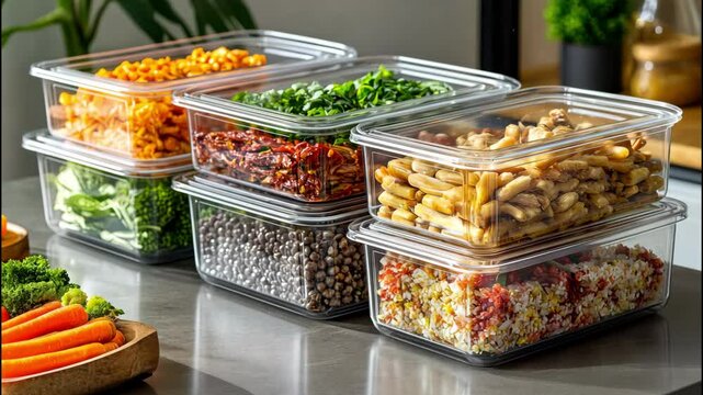 Plastic boxes filled with fresh meal prep food