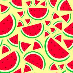 Fresh red and green watermelons on yellow in a seamless vector layout. Great for summer prints, kids' decor, and handmade products.
