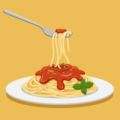 A realistic cartoon plate of spaghetti with tomato sauce, herbs, and a fork twirling the noodles