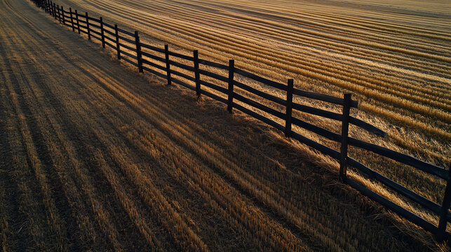 Rustic wooden fence borders harvested golden field with long shadows cast by setting sun, creating peaceful rural landscape with warm tones and textured patterns