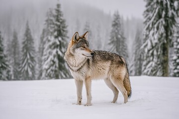 Obraz premium Wolf stands alert in snowy forest