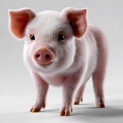 Adorable pink piglet standing on a white background, looking dir