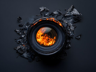 Burning camera lens with intense orange flame inside and scorched black melted frame on dark background, creating dramatic and fiery visual effect