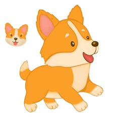 Cute Cartoon Corgi Illustration, Happy Dog Character On white background 