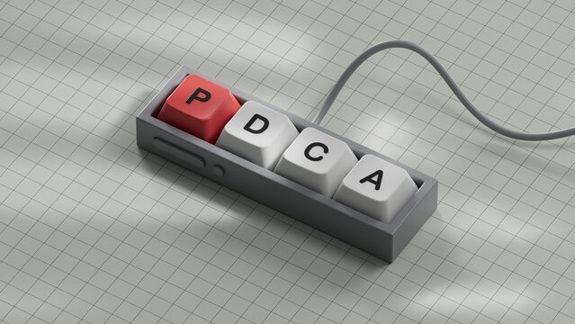 Computer keyboard keys with PDCA business word.close up of Computer keyboard keys,Business Concept.3D rendering on white background.