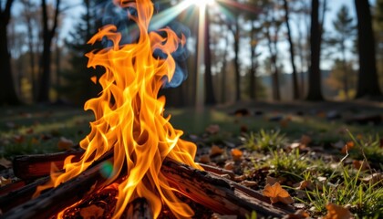 kaleidoscope cross campfire flames position subject on the right with copy space on the left under crisp sunlight.
