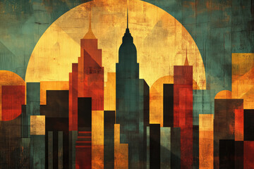 New York skyline at sunset with bold geometric shapes, retro textures, and grainy faded colors resembling 1930s posters 