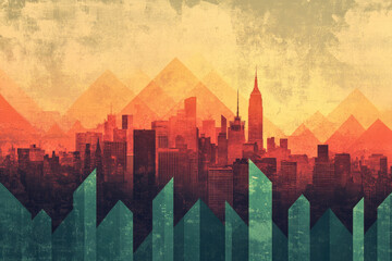 New York skyline at sunset with bold geometric shapes, retro textures, and grainy faded colors resembling 1930s posters 