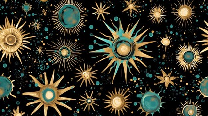 Golden Teal Celestial Sunburst Stars Seamless Pattern